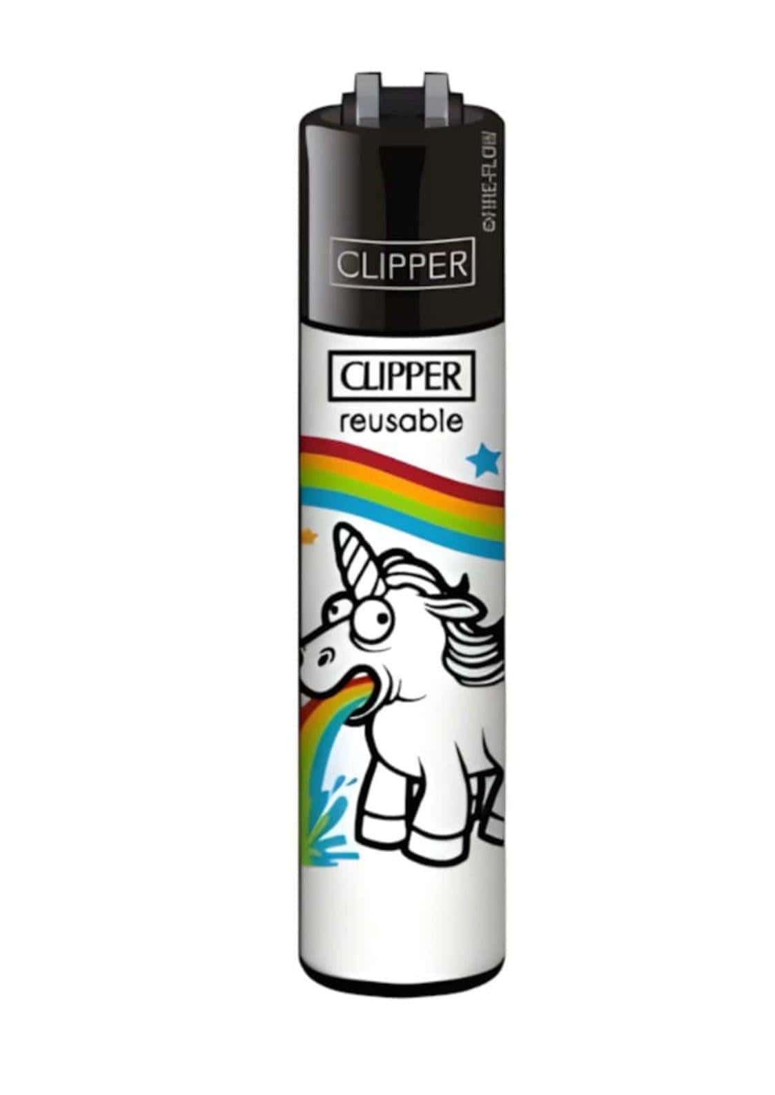 Weiß schwarzes clipper feuerzeug vomit unicorn mit cartoon einhorn und regenbogenrauch in original clipper qualität